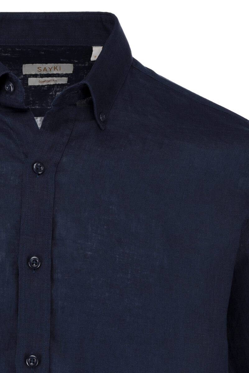 Lacivert Comfort Fit 100% Keten Düğmeli Yaka Uzun Kollu Keten Gömlek - Saykı (1)
