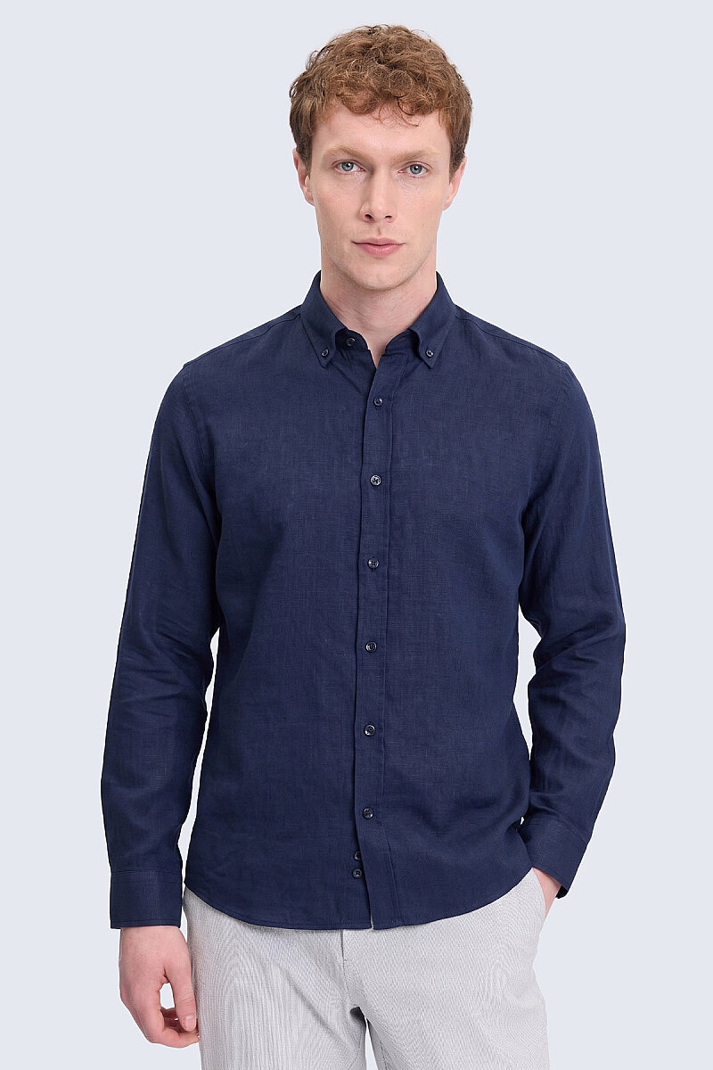 Lacivert Comfort Fit 100% Keten Düğmeli Yaka Uzun Kollu Keten Gömlek