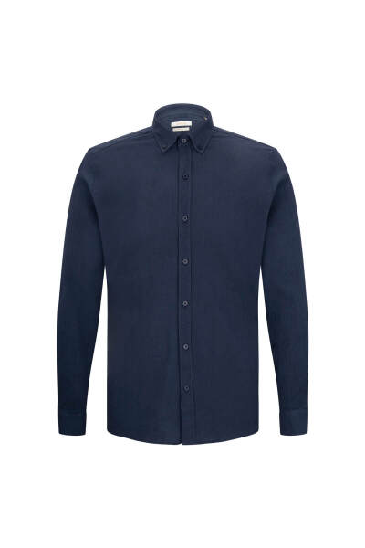 Lacivert Comfort Fit 100% Pamuk Düğmeli Yaka Uzun Kollu Casual Gömlek 