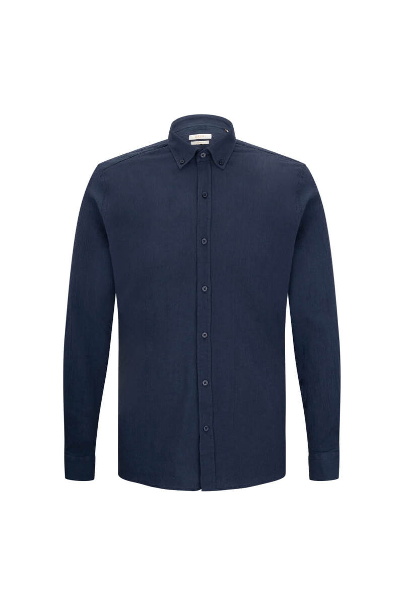 Lacivert Comfort Fit 100% Pamuk Düğmeli Yaka Uzun Kollu Casual Gömlek - Saykı