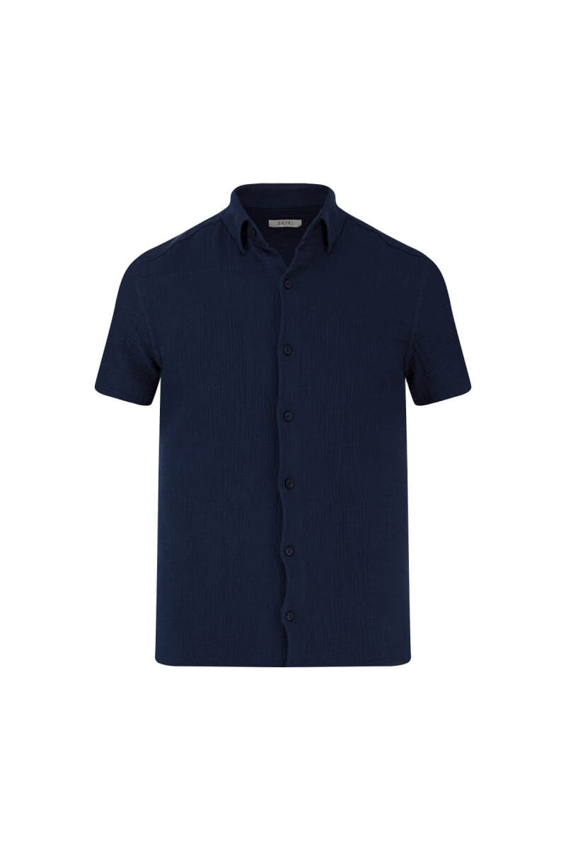 Lacivert Comfort Fit 100% Pamuk Gizli Düğmeli Yaka Kısa Kollu Gömlek - Saykı