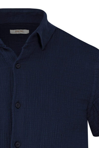 Lacivert Comfort Fit 100% Pamuk Gizli Düğmeli Yaka Kısa Kollu Gömlek - 2