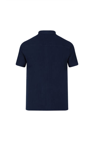 Lacivert Comfort Fit 100% Pamuk Gizli Düğmeli Yaka Kısa Kollu Gömlek - 3