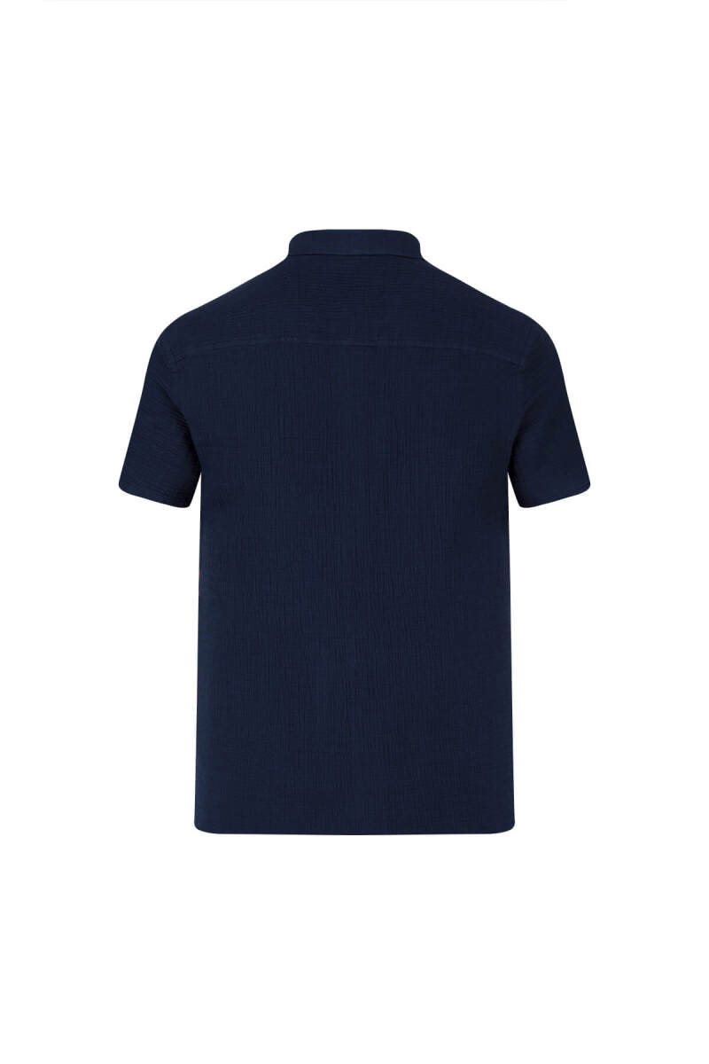 Lacivert Comfort Fit 100% Pamuk Gizli Düğmeli Yaka Kısa Kollu Gömlek - Saykı (1)