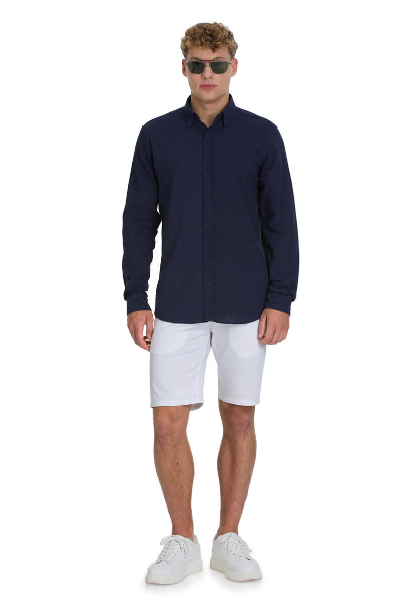 Lacivert Comfort Fit 100% Pamuk Gizli Düğmeli Yaka Uzun Kollu Pamuklu Gömlek - Saykı (1)