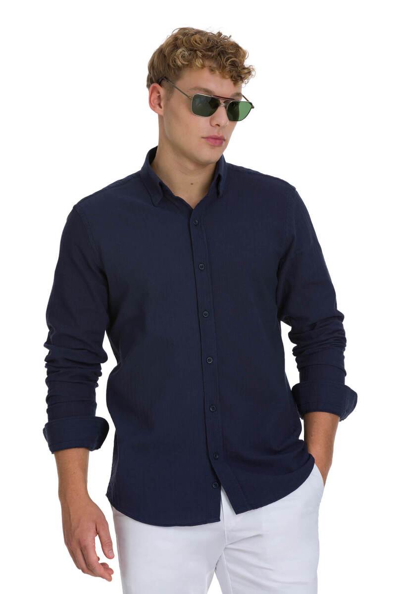 Lacivert Comfort Fit 100% Pamuk Gizli Düğmeli Yaka Uzun Kollu Pamuklu Gömlek - Saykı (1)