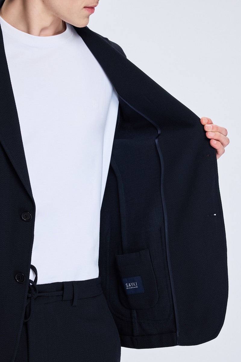 Lacivert Comfort Fit Balıksırtı Mono Yaka Casual Takım Elbise - Hatem Saykı (1)