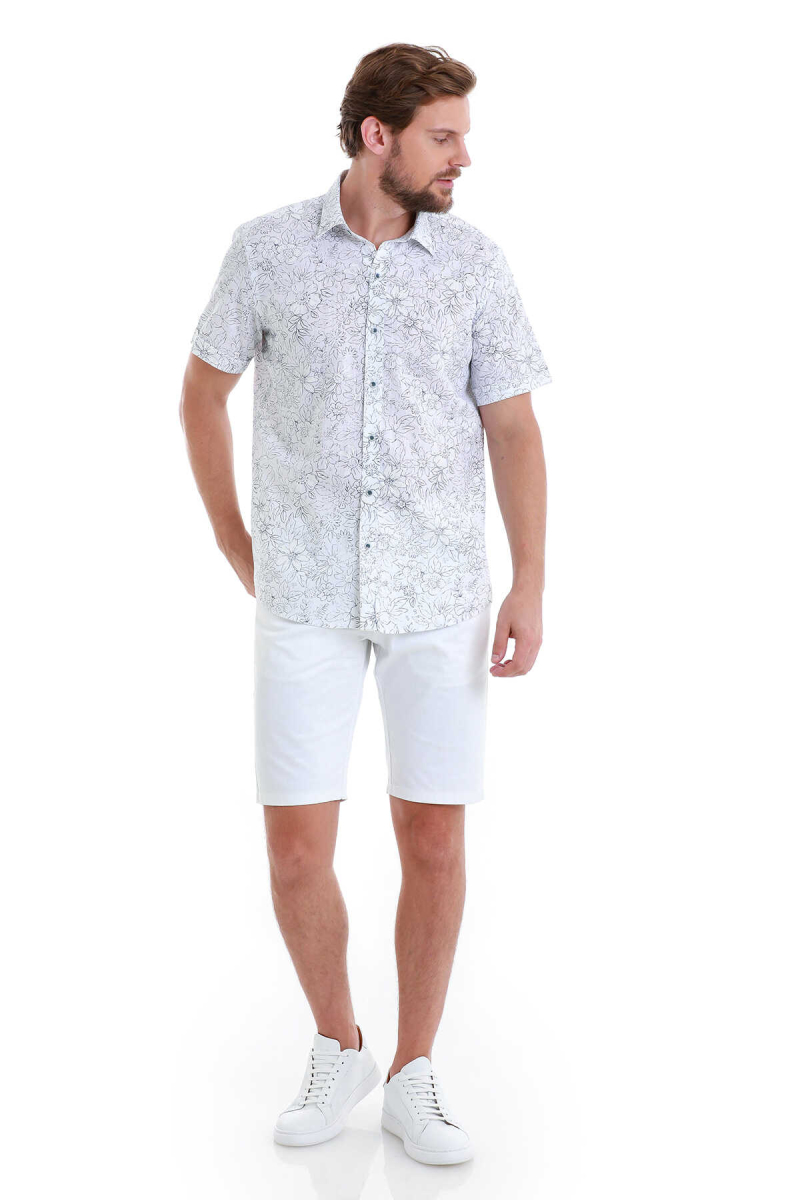 Lacivert Comfort Fit Baskılı 100% Pamuk Slim Yaka Kısa Kollu Gömlek - Hatem Saykı (1)