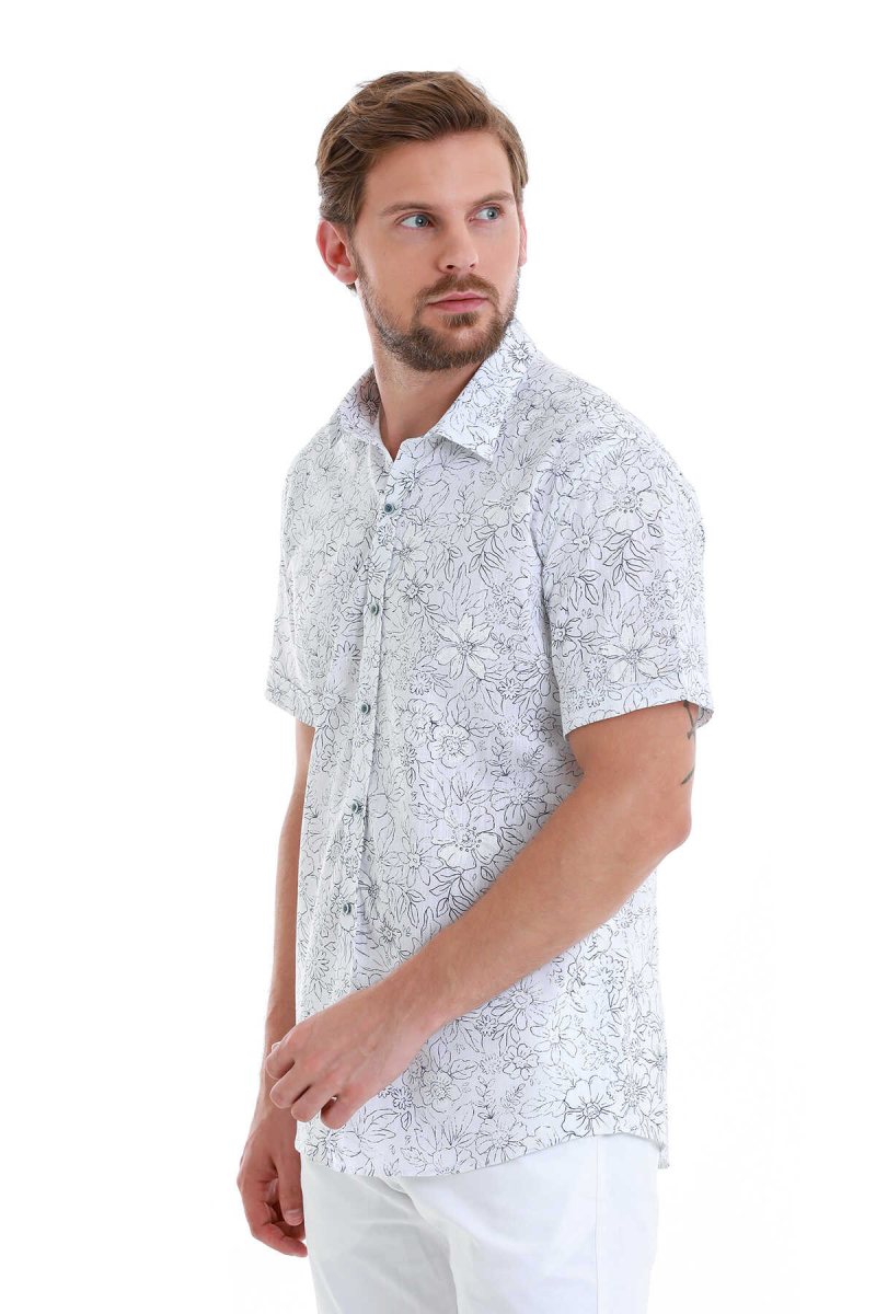 Lacivert Comfort Fit Baskılı 100% Pamuk Slim Yaka Kısa Kollu Gömlek - Hatem Saykı (1)