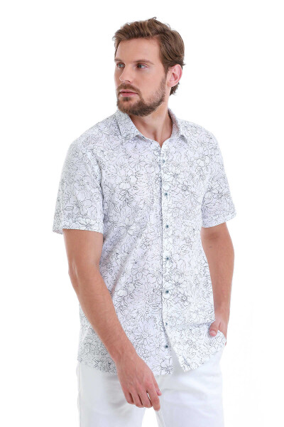 Lacivert Comfort Fit Baskılı 100% Pamuk Slim Yaka Kısa Kollu Gömlek - 4