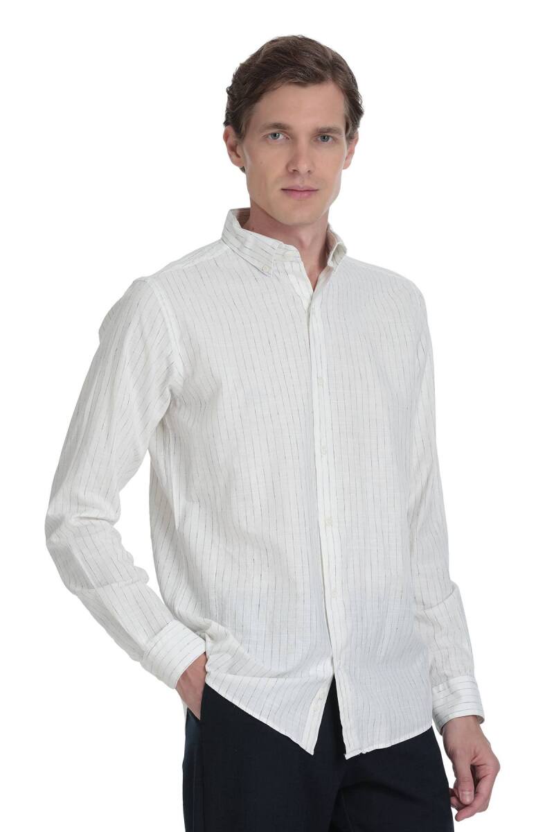 Lacivert Comfort Fit Çizgili Düğmeli Yaka Pamuk-Keten Uzun Kollu Gömlek - Saykı