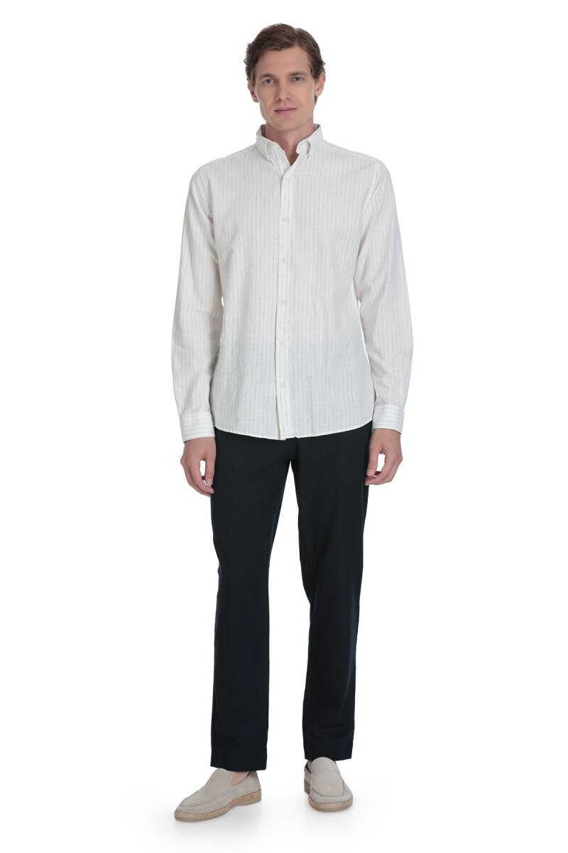 Lacivert Comfort Fit Çizgili Düğmeli Yaka Pamuk-Keten Uzun Kollu Gömlek - Saykı (1)