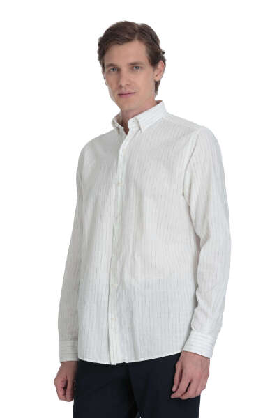 Lacivert Comfort Fit Çizgili Düğmeli Yaka Pamuk-Keten Uzun Kollu Gömlek - 3