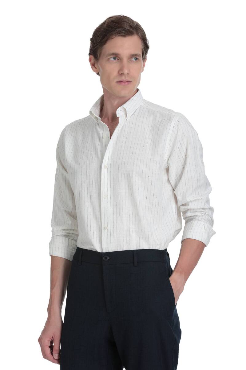 Lacivert Comfort Fit Çizgili Düğmeli Yaka Pamuk-Keten Uzun Kollu Gömlek - Saykı (1)