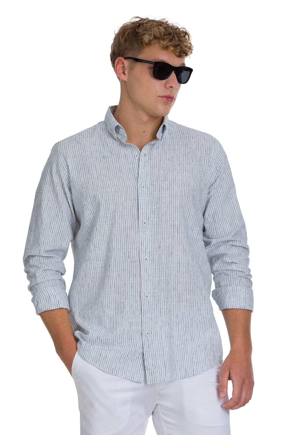 Lacivert Comfort Fit Çizgili Düğmeli Yaka Pamuk-Keten Uzun Kollu Gömlek - 1