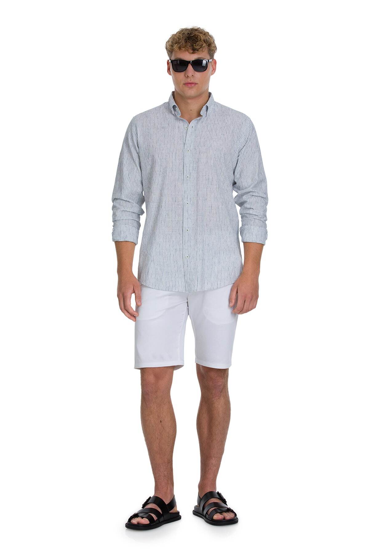 Lacivert Comfort Fit Çizgili Düğmeli Yaka Pamuk-Keten Uzun Kollu Gömlek - 2