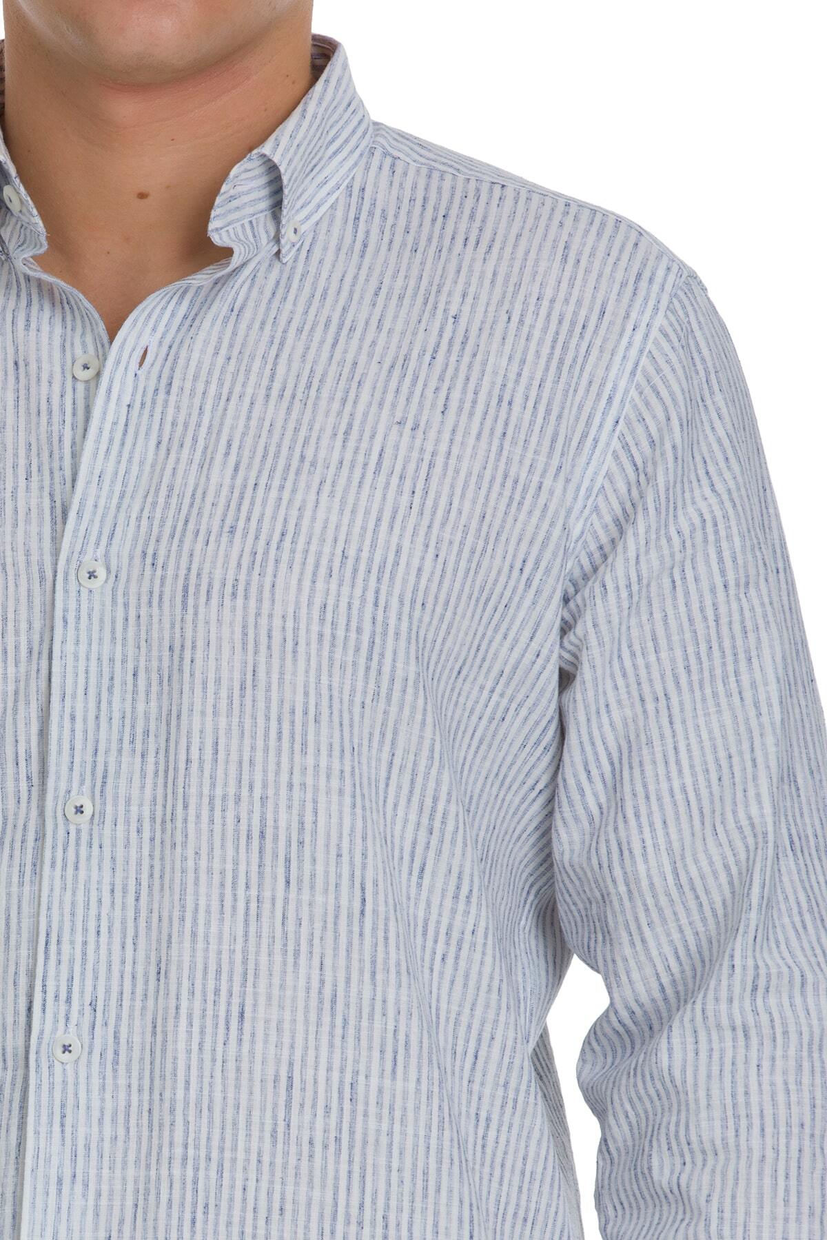 Lacivert Comfort Fit Çizgili Düğmeli Yaka Pamuk-Keten Uzun Kollu Gömlek - 3