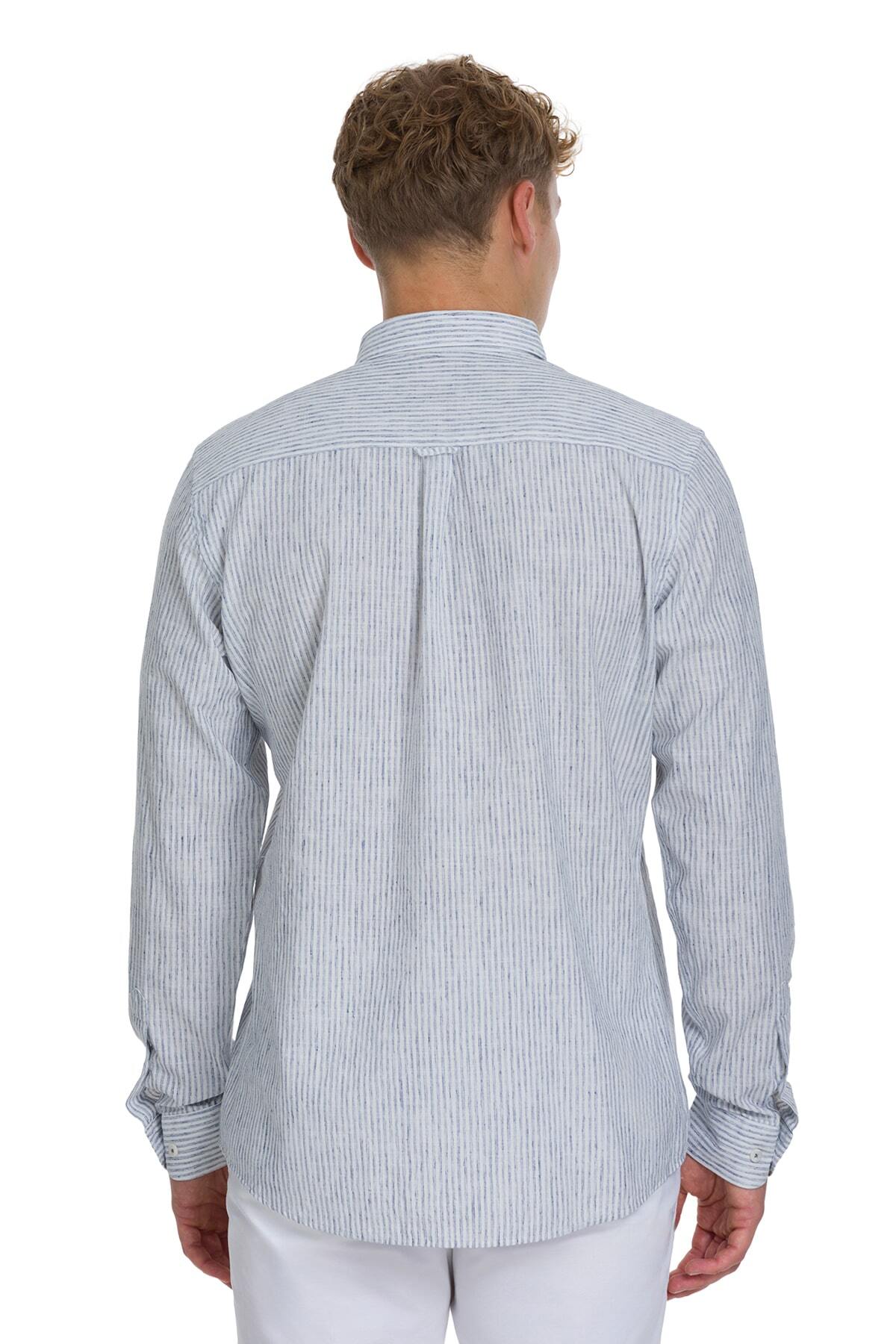 Lacivert Comfort Fit Çizgili Düğmeli Yaka Pamuk-Keten Uzun Kollu Gömlek - 4