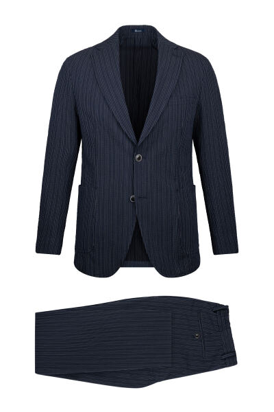 Lacivert Comfort Fit Çizgili Mono Yaka Casual Takım Elbise - 5
