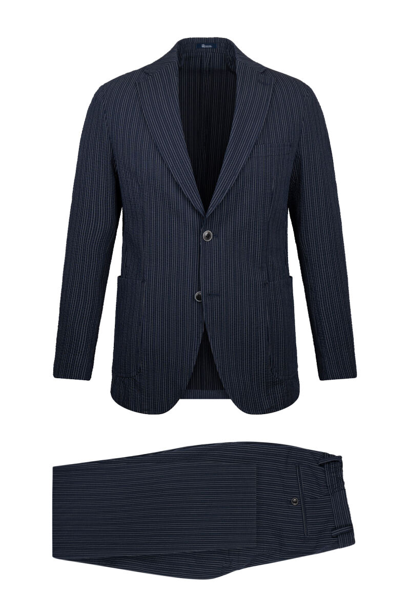 Lacivert Comfort Fit Çizgili Mono Yaka Casual Takım Elbise - HTML