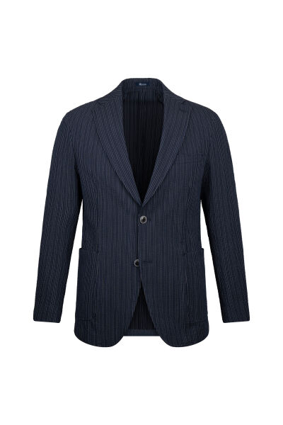 Lacivert Comfort Fit Çizgili Mono Yaka Casual Takım Elbise - 2