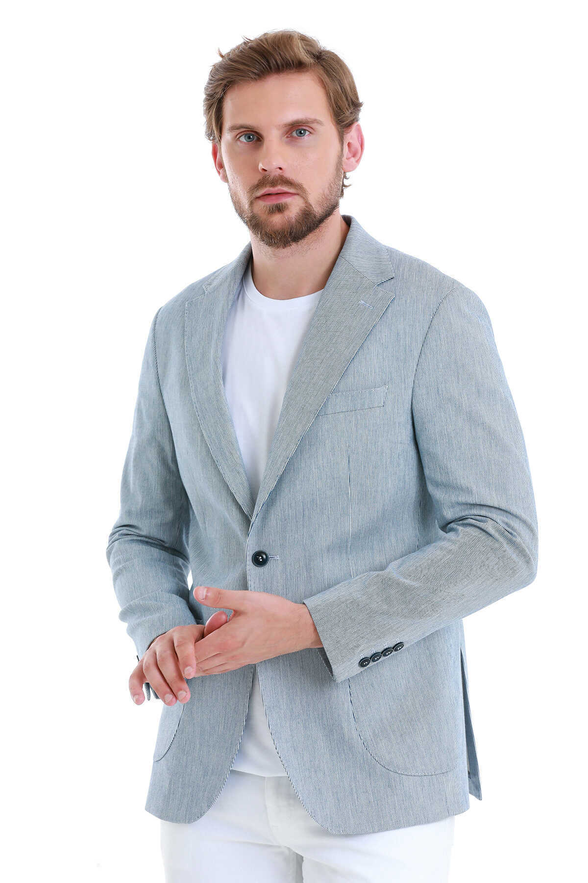 Lacivert Comfort Fit Çizgili Mono Yaka Klasik Ceket - 1