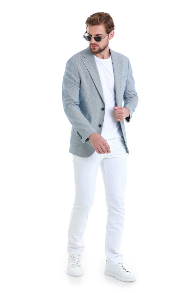 Lacivert Comfort Fit Çizgili Mono Yaka Klasik Ceket - 2