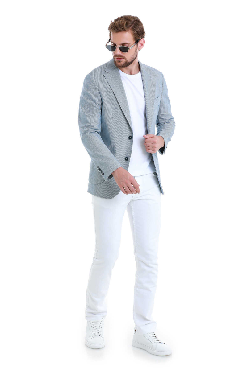 Lacivert Comfort Fit Çizgili Mono Yaka Klasik Ceket - Hatem Saykı (1)