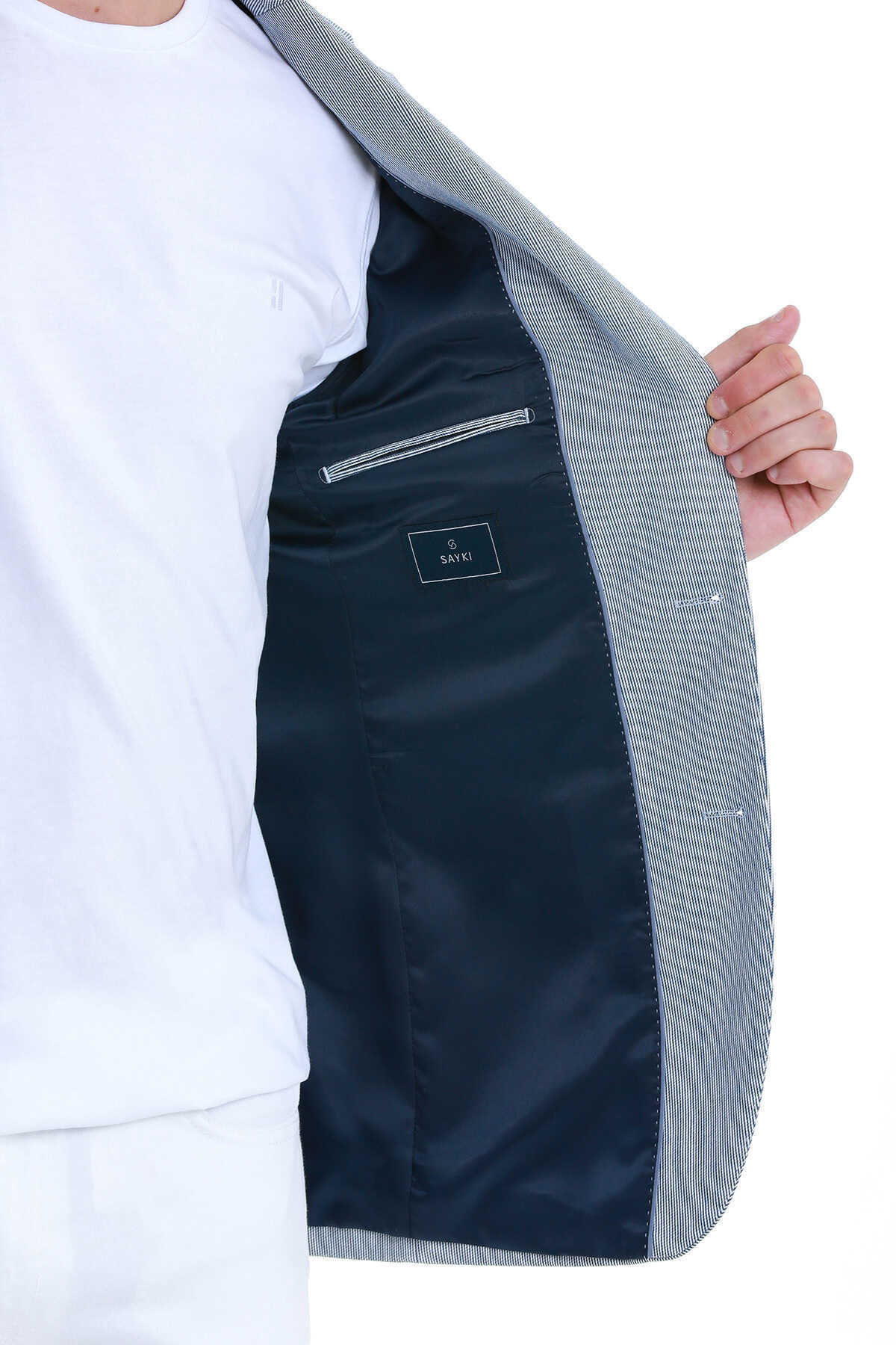 Lacivert Comfort Fit Çizgili Mono Yaka Klasik Ceket - 5