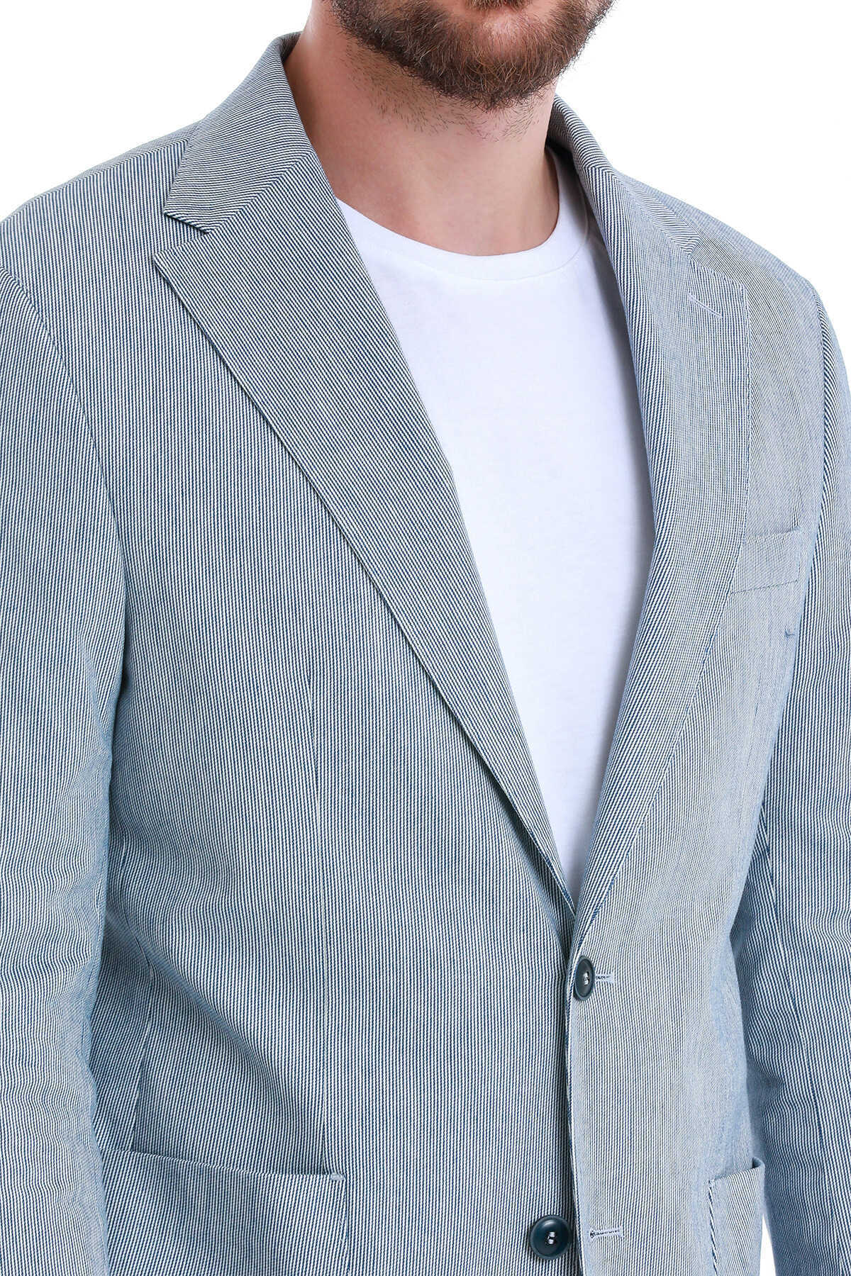 Lacivert Comfort Fit Çizgili Mono Yaka Klasik Ceket - 6