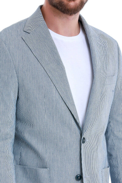 Lacivert Comfort Fit Çizgili Mono Yaka Klasik Ceket - 6