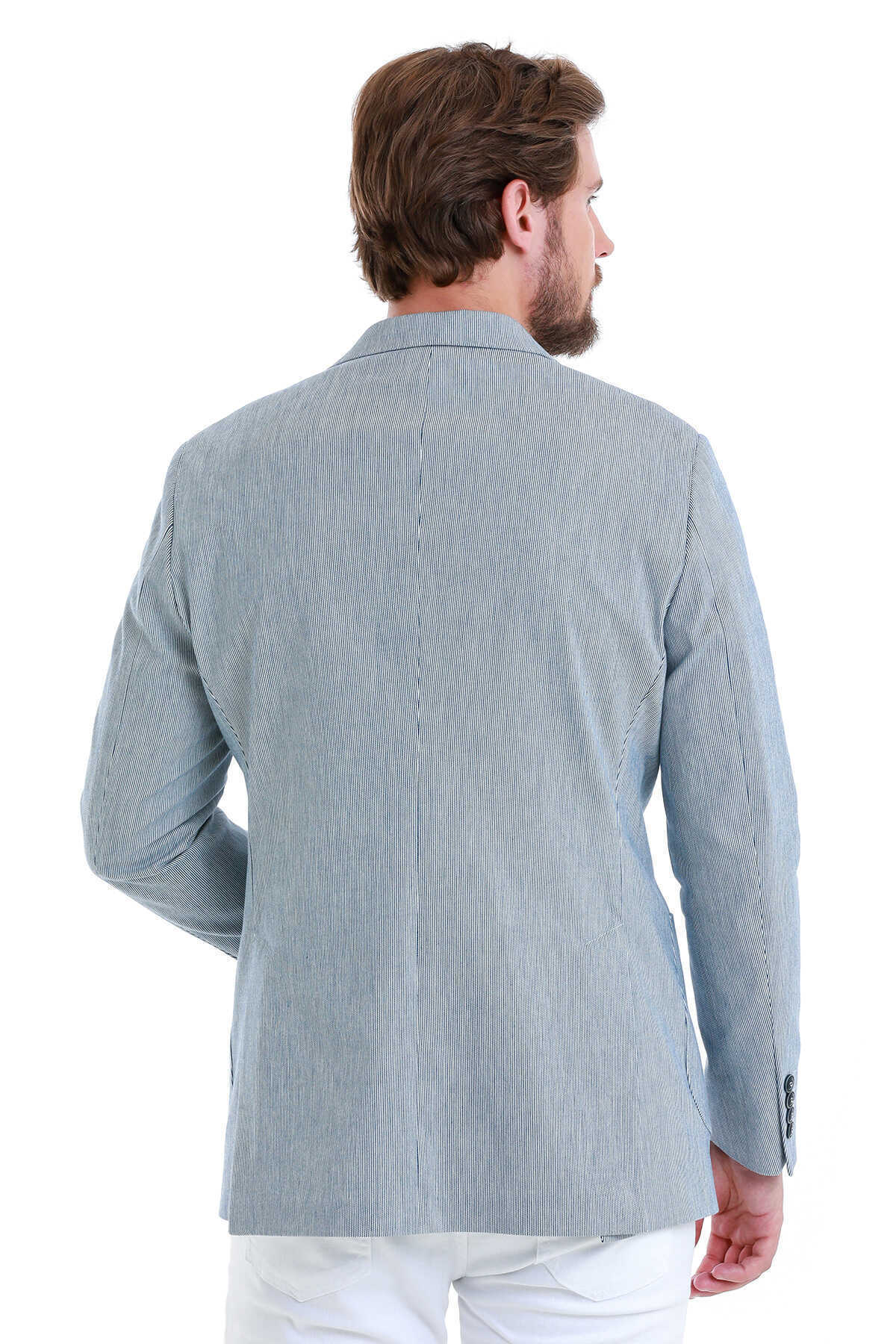 Lacivert Comfort Fit Çizgili Mono Yaka Klasik Ceket - 7