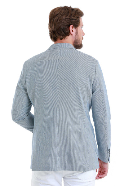 Lacivert Comfort Fit Çizgili Mono Yaka Klasik Ceket - 7