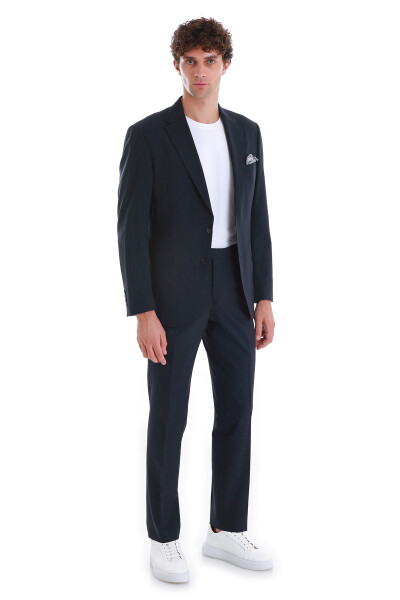 Lacivert Comfort Fit Çizgili Mono Yaka Klasik Takım Elbise - 1