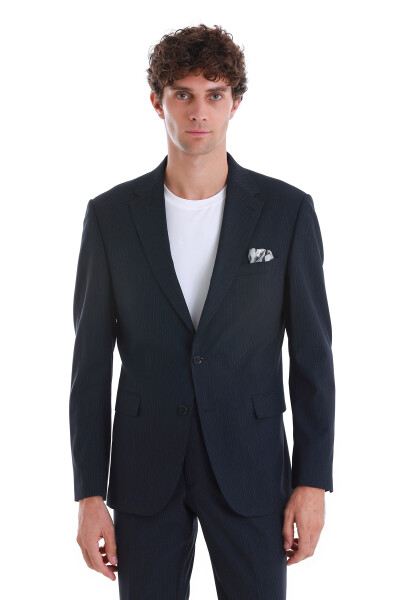 Lacivert Comfort Fit Çizgili Mono Yaka Klasik Takım Elbise - 2