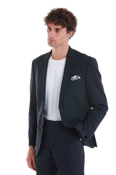 Lacivert Comfort Fit Çizgili Mono Yaka Klasik Takım Elbise - 3