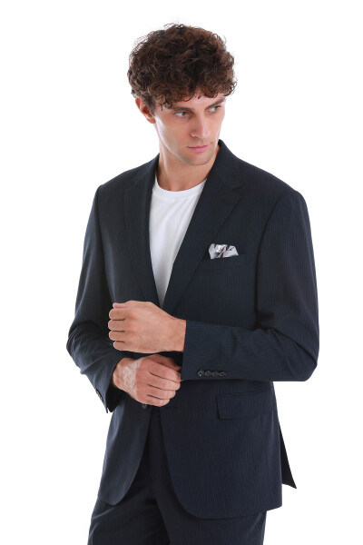 Lacivert Comfort Fit Çizgili Mono Yaka Klasik Takım Elbise - 4