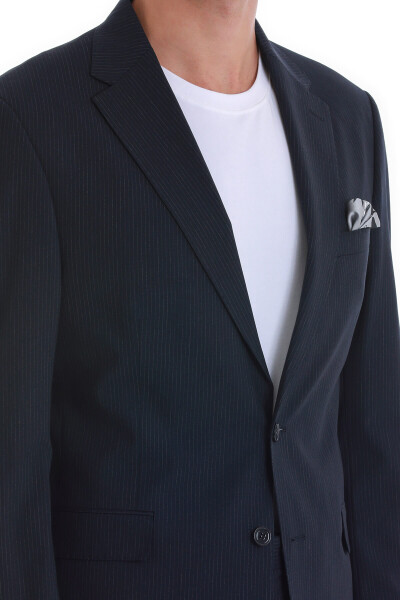 Lacivert Comfort Fit Çizgili Mono Yaka Klasik Takım Elbise - 5