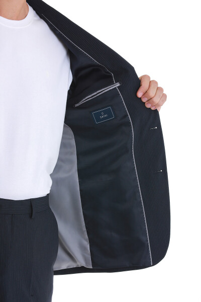 Lacivert Comfort Fit Çizgili Mono Yaka Klasik Takım Elbise - 6