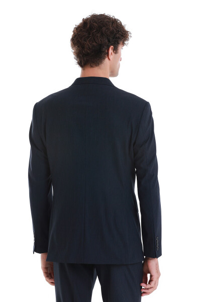 Lacivert Comfort Fit Çizgili Mono Yaka Klasik Takım Elbise - 7