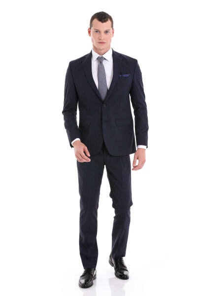 Lacivert Comfort Fit Çizgili Mono Yaka Klasik Takım Elbise - 1