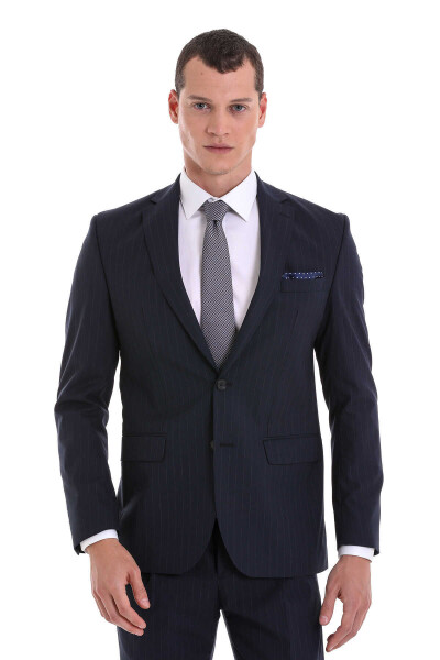 Lacivert Comfort Fit Çizgili Mono Yaka Klasik Takım Elbise - 2