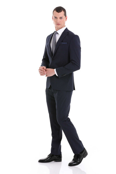 Lacivert Comfort Fit Çizgili Mono Yaka Klasik Takım Elbise - 3