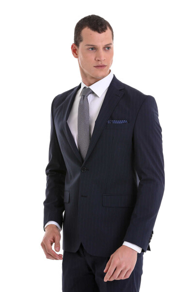 Lacivert Comfort Fit Çizgili Mono Yaka Klasik Takım Elbise - 4