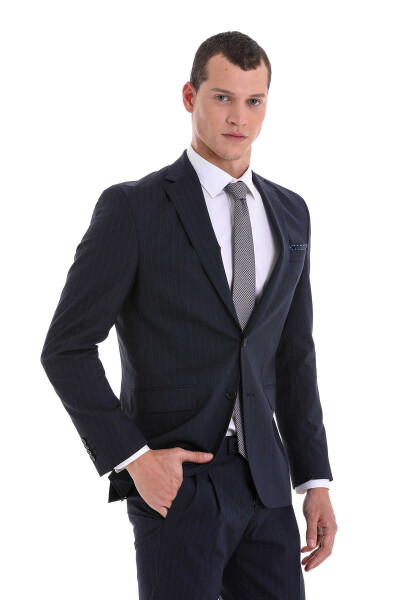 Lacivert Comfort Fit Çizgili Mono Yaka Klasik Takım Elbise - 5