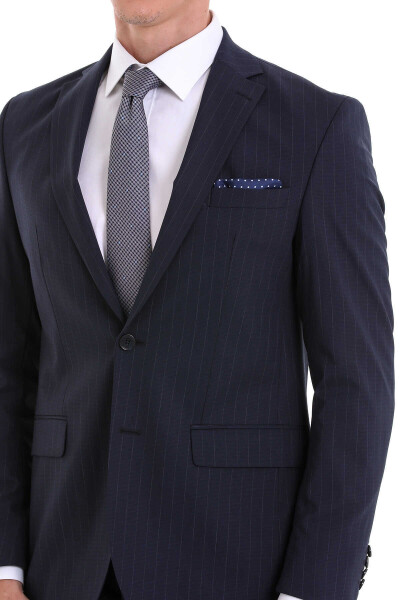 Lacivert Comfort Fit Çizgili Mono Yaka Klasik Takım Elbise - 6