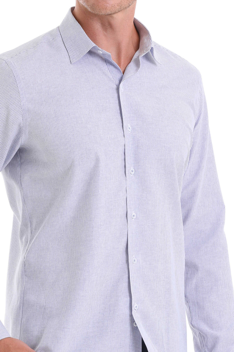 Lacivert Comfort Fit Çizgili Pamuklu Slim Yaka Uzun Kollu Casual Gömlek - Hatemoğlu (1)