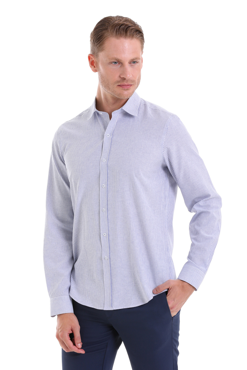 Lacivert Comfort Fit Çizgili Pamuklu Slim Yaka Uzun Kollu Spor Gömlek - Hatemoğlu