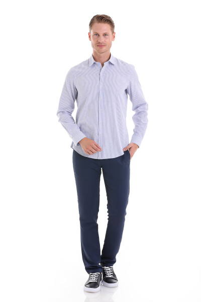 Lacivert Comfort Fit Çizgili Pamuklu Slim Yaka Uzun Kollu Spor Gömlek - 2