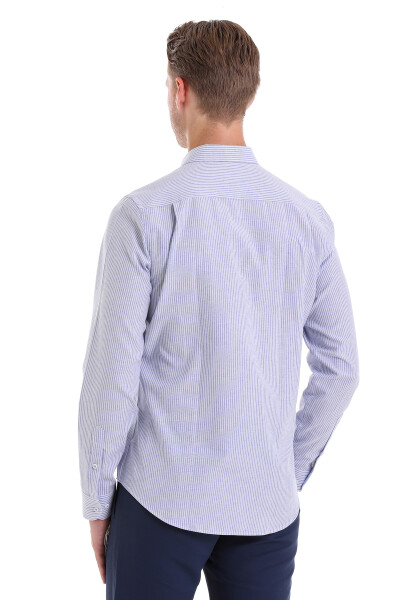 Lacivert Comfort Fit Çizgili Pamuklu Slim Yaka Uzun Kollu Spor Gömlek - 6